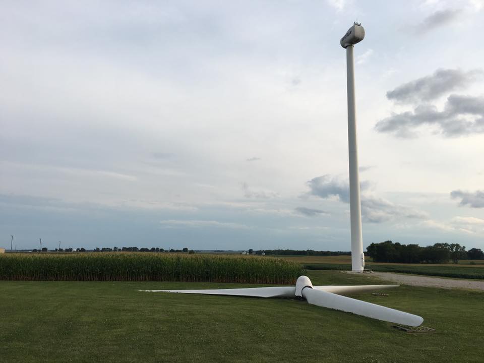 One of the two large wind turbines has already been removed from campus. This one stands disassembled near the West building.