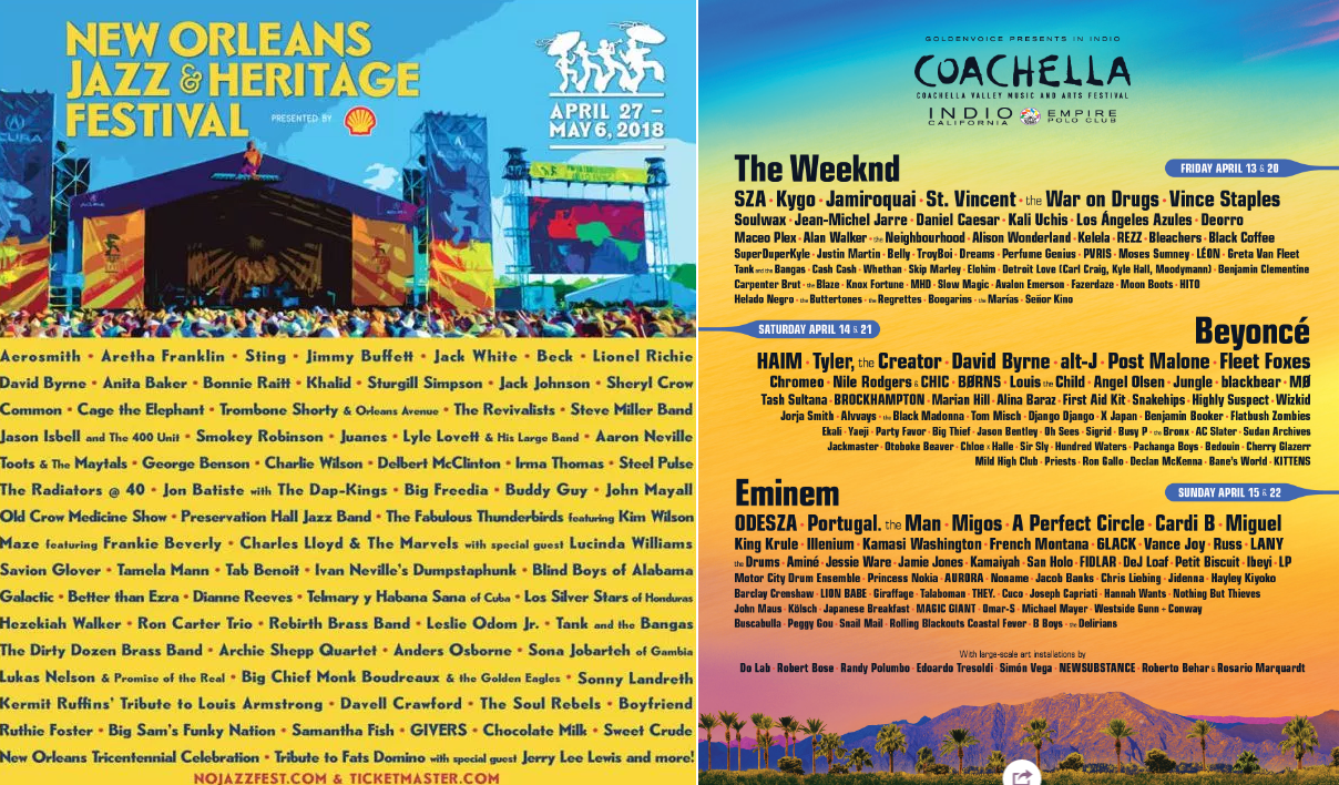 Two of the biggest American music festivals, New Orleans Jazz and Coachella are back. New Orleans kicks off on the 27th of April, and Coachella starts on the 13th.