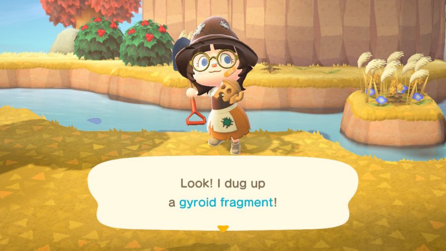 Finding a gyroid fragment on a nearby island.