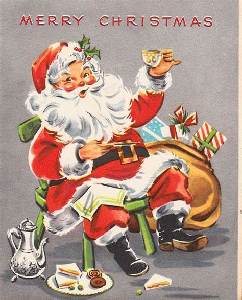 This 1950s Christmas card depicts the modernized jolly Santa Claus eating cookies. Photo via Pinterest