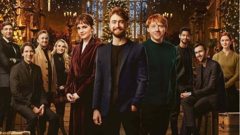 Pictured On the left: James Phelps, Oliver Phelps(seated), Tom Felton and Evanna Lynch. Pictured center, from left to right: Emma Watson, Daniel Radcliffe and Rupert Grint. Pictured on the right: Alfred Enoch, Matthew Lewis(seated) and Bonnie Wright. Photo retrieved from HBOMax. 