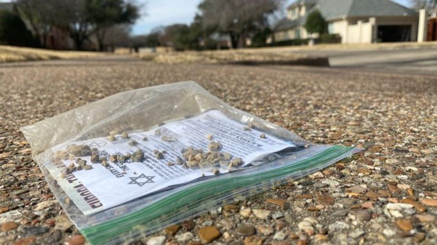 Flyer and rocks inside plastic bag similar to the ones found on LLC’s campus, found in Texas. Photo retrieved from Fox 4 News Dallas-Fort Worth.
