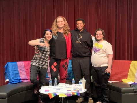 Going from left to right: Talianna (she/her), Celeste (she/her), Ty (he/they) and Kai (he/they) all members of PRIDE club take part in a panel to answer questions and educate students and staff of the LGBTQIA+ community.