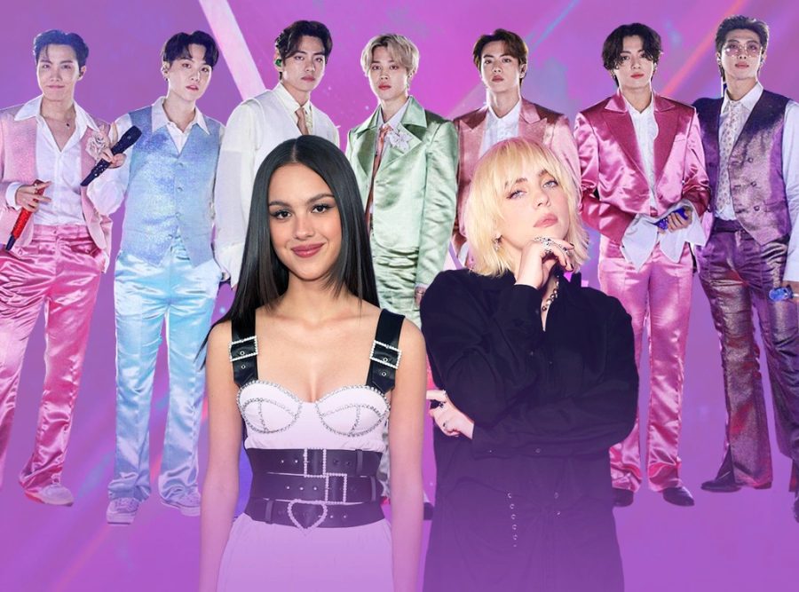 Hollywoods biggest stars took the stage for the Grammy Awards in Las Vegas. Pictured above is BTS, Olivia Rodrigo and Billie Eilish. Image retrieved from E! News.