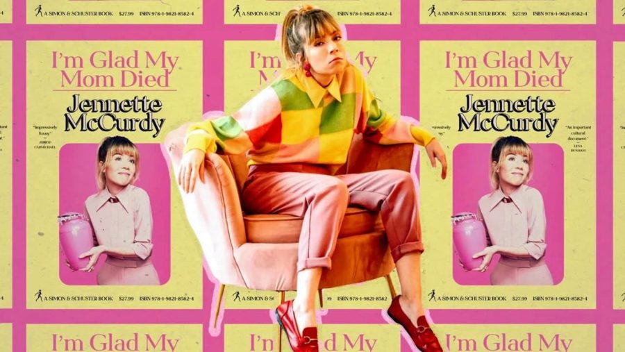 Jennette McCurdy poses in a vintage chair for Teen Vogue. Behind her, the cover of her memoir is displayed. The cover of her memoir shows McCurdy holding an urn with a grin. Photo via Teen Vogue.