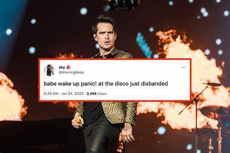  Brendon Urie, front man of Panic! at the Disco, is shown on stage during one of their concerts. A tweet made by @drwningdeep is shown over Urie. Photo via Loudwire.