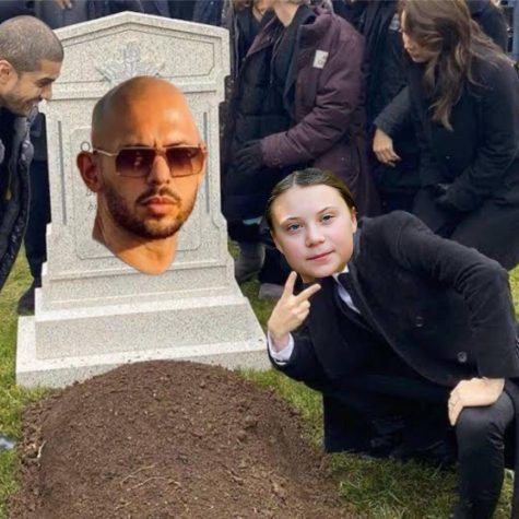 Meme of Thunberg at Tates grave. Photo via Twitter.