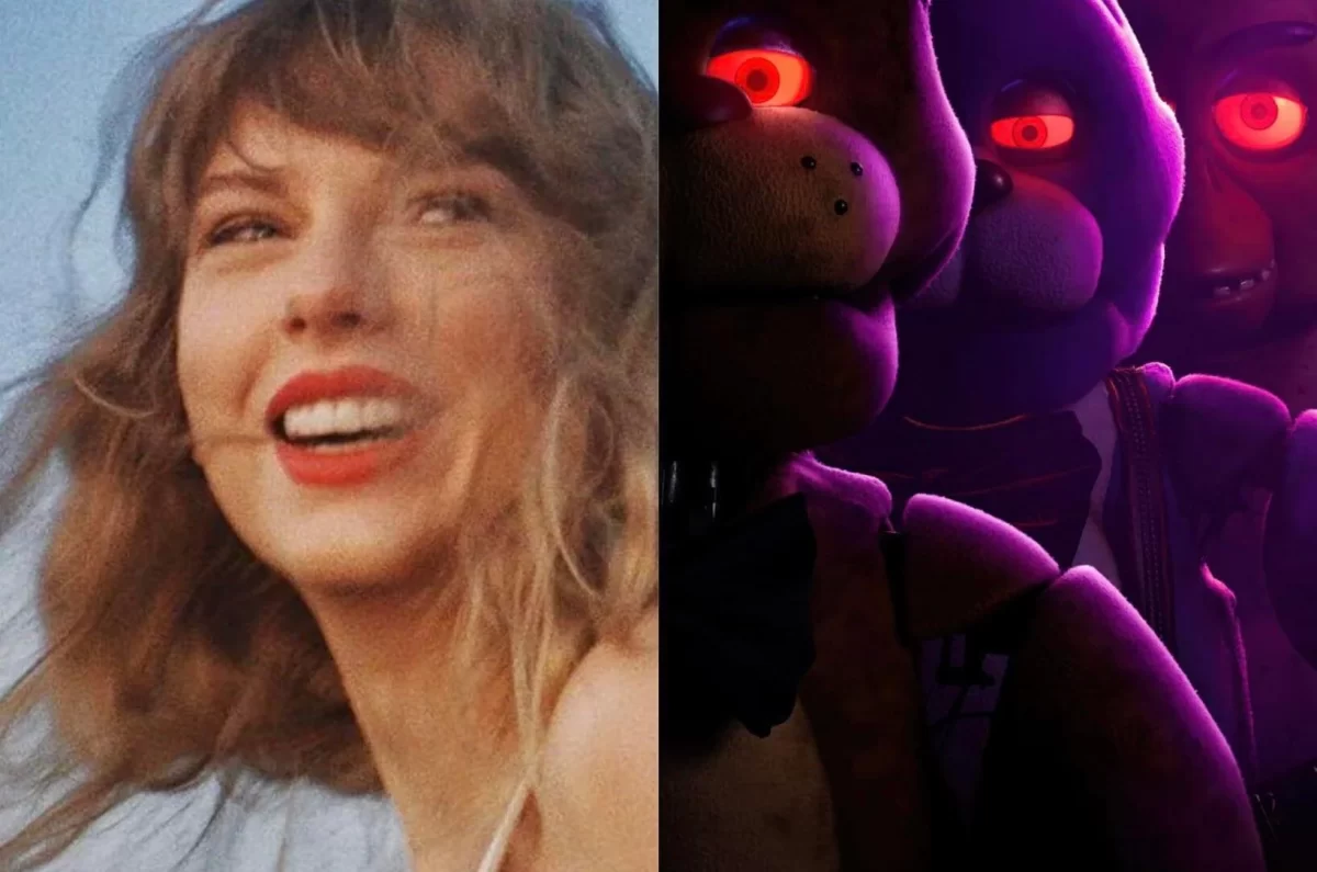 Headshot of Taylor in her new album’s cover side by side of the FNAF movie poster. Photos by Reddit via Taylor Swift & Universal Pictures
