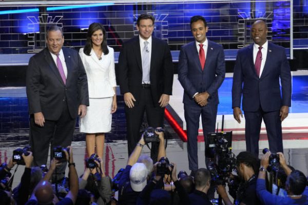 Former New Jersey Gov. Chris Christie, former UN Ambassador Nikki Haley, Florida Gov. Ron DeSantis, businessman Vivek Ramaswamy and Sen. Tim Scott, R-S.C., stand on stage before a Republican presidential primary debate hosted by NBC News, Wednesday, Nov. 8, 2023, at the Adrienne Arsht Center for the Performing Arts of Miami-Dade County in Miami.  Photo by Rebecca Blackwell via the Associated Press.