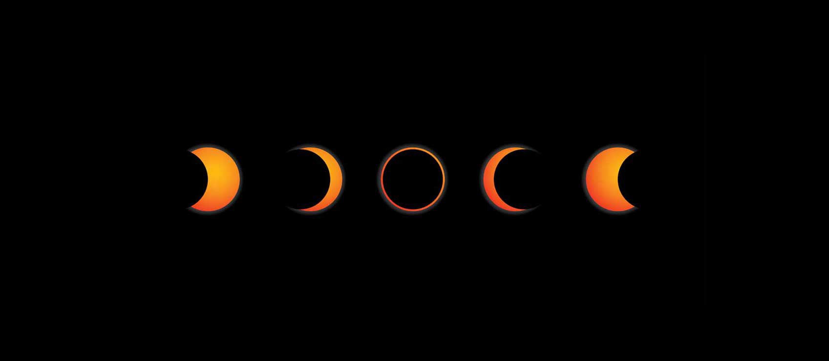 Stages of the moon leading towards the total solar eclipse featured in the middle, each moon phase is a type of eclipse that can be seen. Photo by Santafee.com.