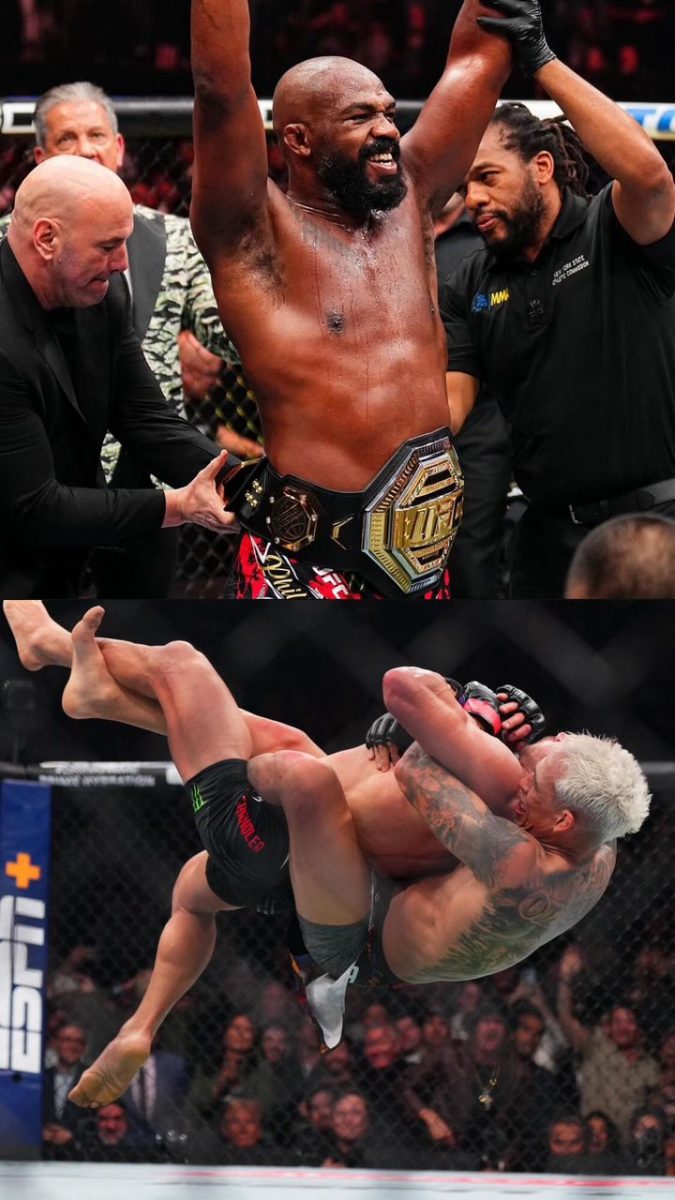 Jon Jones receiving his heavyweight title, Chandler dropping Charles while in a body triangle.