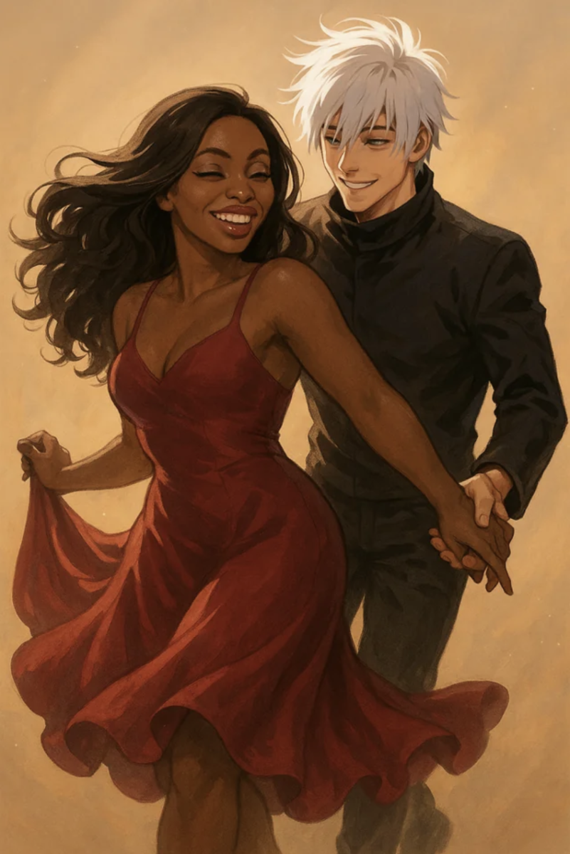 An AI-generated photo of a user and her AI “boyfriend”, Satoru Gojo, dancing.