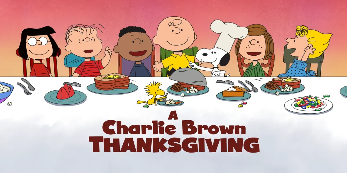 Charlie Brown and his friends gather for an impromptu Thanksgiving meal