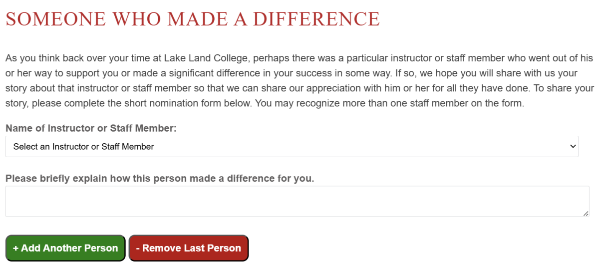 A photo of what the Made a Difference entry page looks like for you in the Laker Hub!