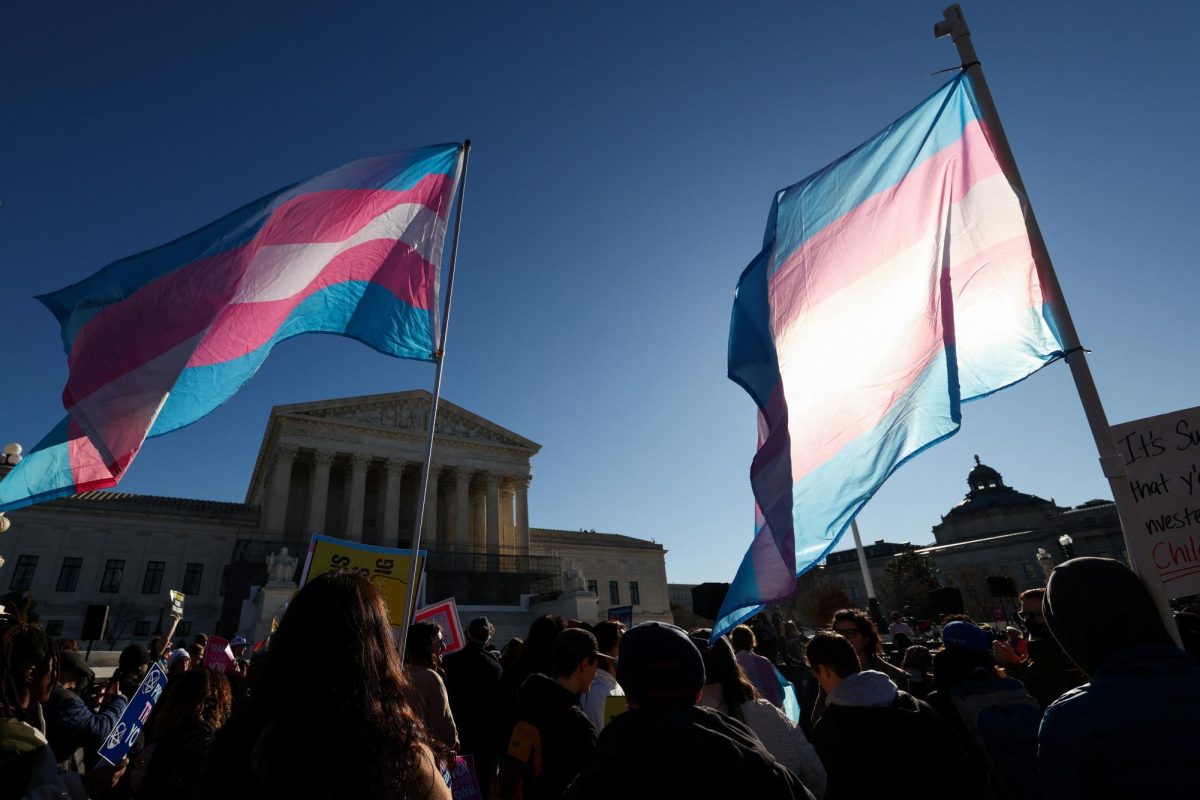 Demonstrators carry a transgender flags outside the U.S. Supreme Court.