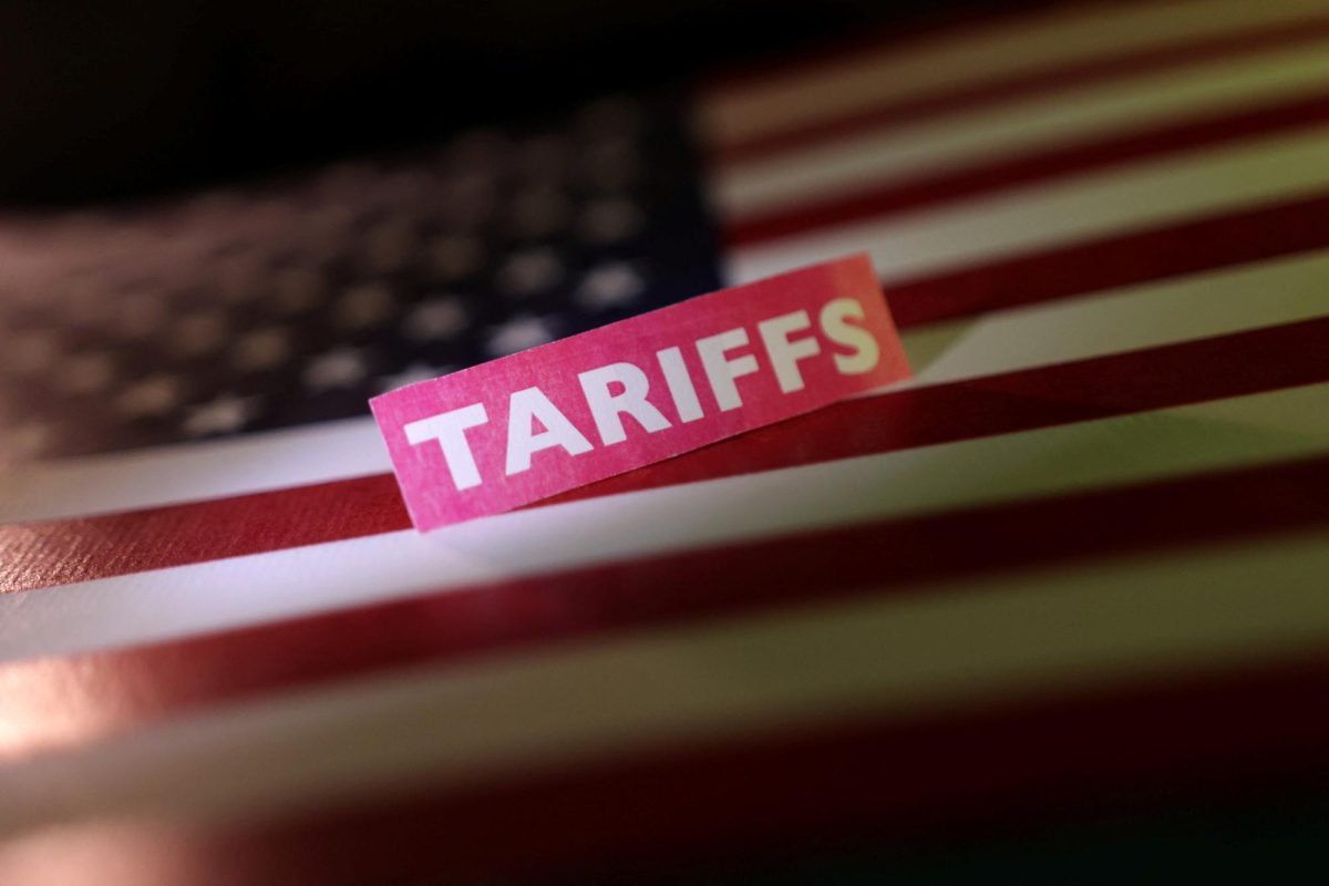 A U.S. flag and a "tariffs" label are seen in this illustration taken April 10, 2025.