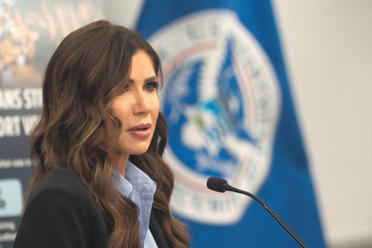 Former U.S. Secretary of Homeland Security Kristi Noem speaks during a press briefing on election security and support for the SAVE Act at a Homeland Security Investigations Field Office in Scottsdale, Arizona, U.S. February 13, 2026.  